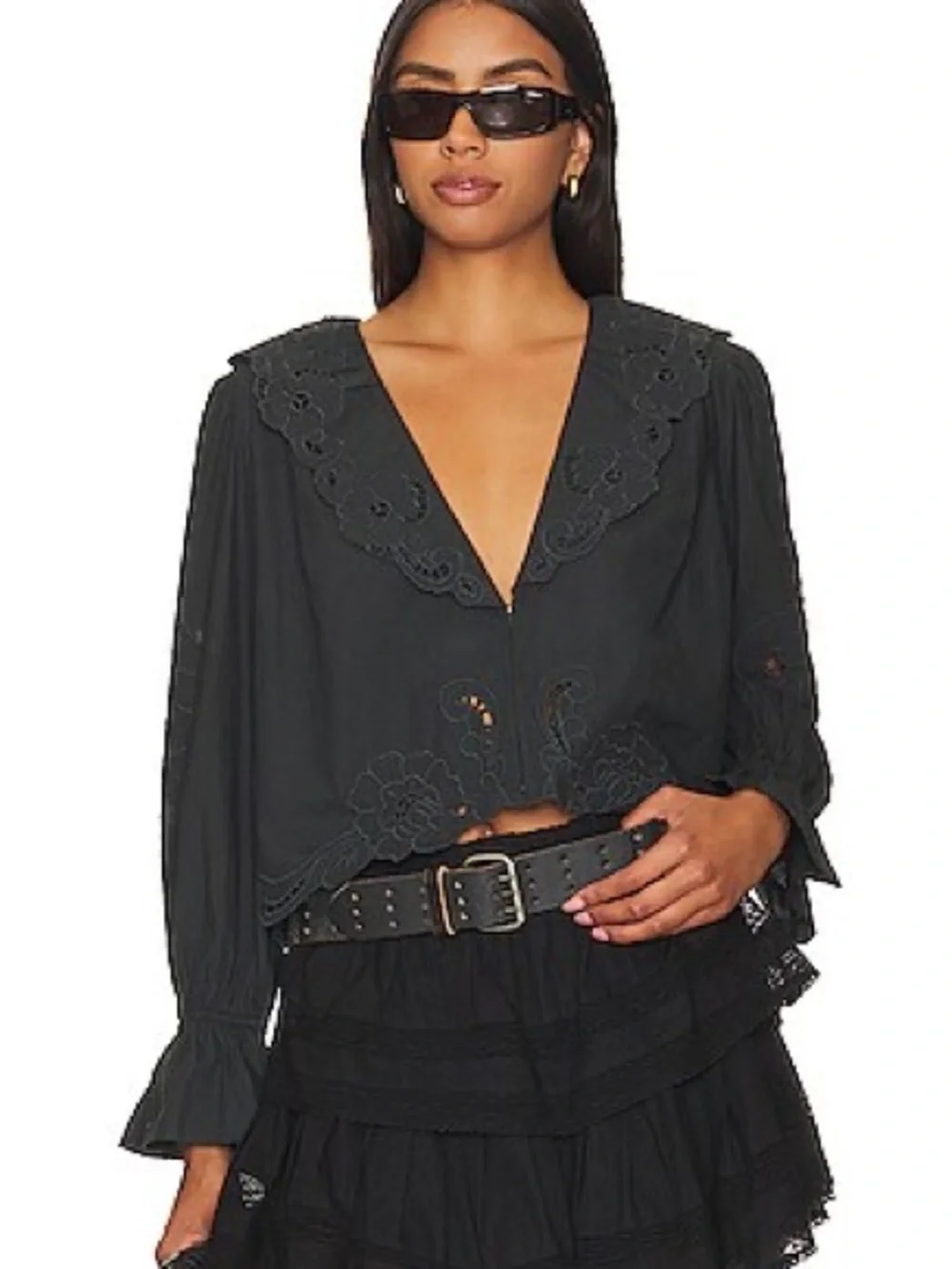 Free People Maisie Black Cutwork Eyelet Ruffle Blouse Top Size Small